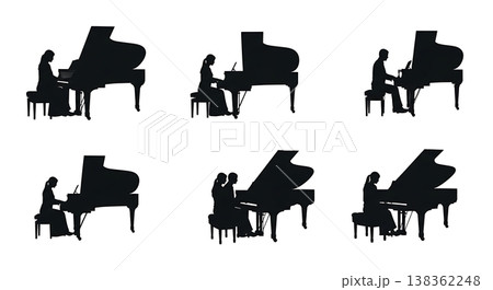 Black Solid Piano Duet Silhouettes Set of Six on White Background 138362248