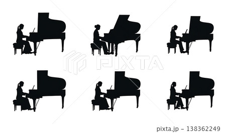 Black Solid Piano Duet Silhouettes Set of Six on White Background 138362249