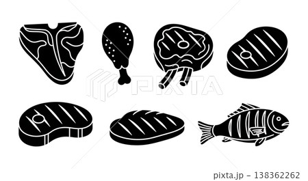 Black Solid Grilled Meat Silhouettes Set of Six on White Background 138362262