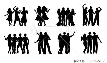 Black Solid Group Dancing Silhouettes Set of Six on White Background 138362267