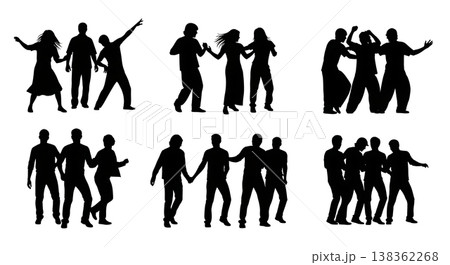 Black Solid Group Dancing Silhouettes Set of Six on White Background Black Solid Group Dancing Silhouettes Set of Six on White Background 138362268