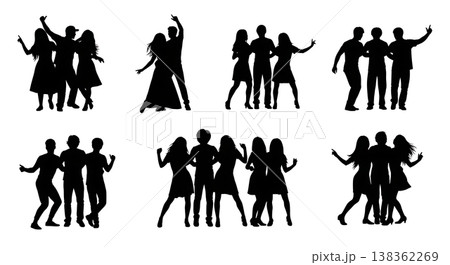 Black Solid Group Dancing Silhouettes Set of Six on White Background Black Solid Group Dancing Silhouettes Set of Six on White Background 138362269