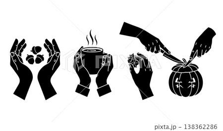 Black Solid Hands in Autumnal Activities Silhouette Set of Six Black Solid Hands in Autumnal Activities Silhouette Set of Six 138362286