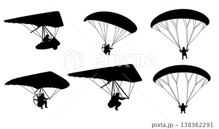 Black Solid Recreational Hang Gliders and Paragliders Silhouettes Set of Six on White Background 138362291