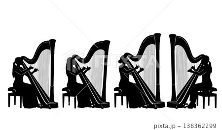 Black Solid Harpist Silhouettes Set of Six on White Background Black Solid Harpist Silhouettes Set of Six on White Background 138362299