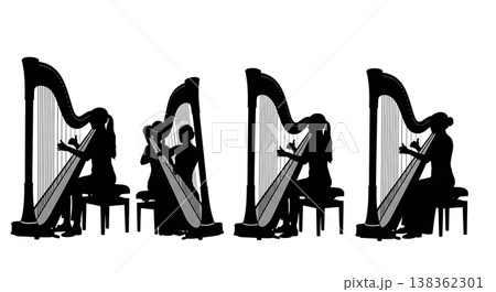 Black Solid Harpist Silhouettes Set of Six on White Background Black Solid Harpist Silhouettes Set of Six on White Background 138362301