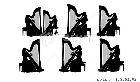 Black Solid Harpist Silhouettes Set of Six on White Background 138362302