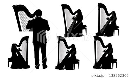 Black Solid Harpist Poses Silhouettes Set of Six on White Background 138362303