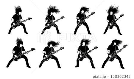 Black Solid Metal Bassist Silhouettes Set of Six on White Background 138362345