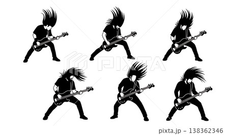 Black Solid Metal Bassist Silhouettes Set of Six on White Background Black Solid Metal Bassist Silhouettes Set of Six on White Background 138362346