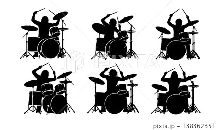 Black Solid Drummer Silhouettes Set of Six on White Background Black Solid Drummer Silhouettes Set of Six on White Background 138362351