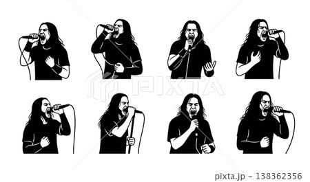 Black Solid Metal Singer Silhouettes Set of Six on White Background 138362356