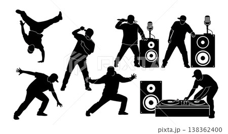 Black Solid Hip Hop Artist Silhouettes Set of Six on White Background 138362400