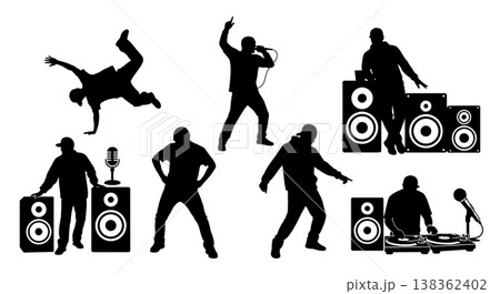 Black Solid Hip Hop Artist Silhouettes Set of Six on White Background 138362402