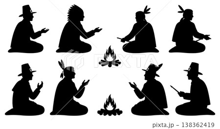 Black Solid Historical Campfire Story Set of Six on White Background Black Solid Historical Campfire Story Set of Six on White Background 138362419