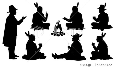 Black Solid Historical Campfire Story Set of Six on White Background Black Solid Historical Campfire Story Set of Six on White Background 138362422