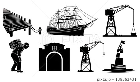 Black Solid Historical Cargo Harbor Silhouettes Set of Six on White Background Black Solid Historical Cargo Harbor Silhouettes Set of Six on White Background 138362431