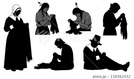 Black Solid Historical Clothing Making Set of Six on White Background Black Solid Historical Clothing Making Set of Six on White Background 138362432
