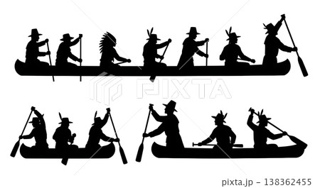 Black Solid Historical Dugout Canoe Set of Six on White Background 138362455