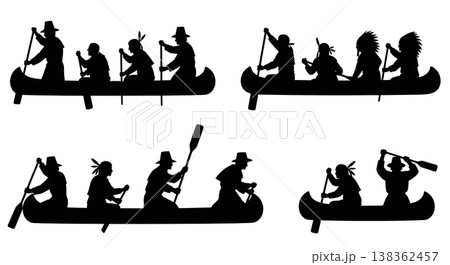 Black Solid Historical Dugout Canoe Set of Six on White Background 138362457