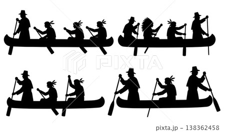 Black Solid Historical Dugout Canoe Set of Six on White Background 138362458