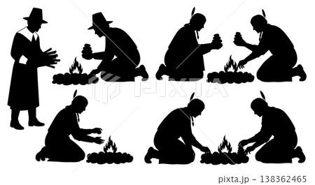 Black Solid Historical Fire Making Set of Six on White Background 138362465