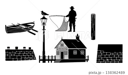 Black Solid Historical Harbor Quay Silhouettes Set of Six on White Background Black Solid Historical Harbor Quay Silhouettes Set of Six on White Background 138362489
