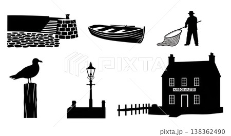 Black Solid Historical Harbor Quay Silhouettes Set of Six on White Background 138362490