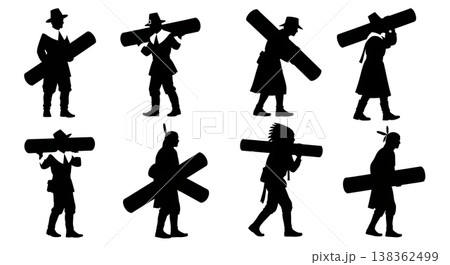 Black Solid Historical Log Carrying Set of Six on White Background 138362499