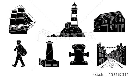 Black Solid Historical Maritime Silhouettes Set of Six on White Background 138362512