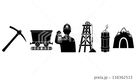 Black Solid Historical Mining Camp Silhouettes Set of Six on White Background Black Solid Historical Mining Camp Silhouettes Set of Six on White Background 138362515
