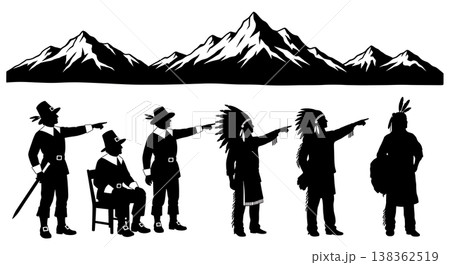 Black Solid Historical Mountain Pointing Set of Six on White Background 138362519