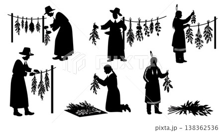 Black Solid Historical Plant Drying Set of Six on White Background Black Solid Historical Plant Drying Set of Six on White Background 138362536