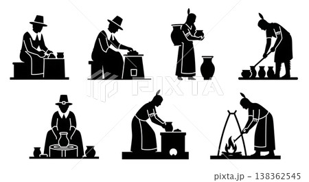 Black Solid Historical Pottery Set of Six on White Background Black Solid Historical Pottery Set of Six on White Background 138362545