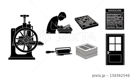 Black Solid Historical Print Shop Silhouettes Set of Six on White Background Black Solid Historical Print Shop Silhouettes Set of Six on White Background 138362548