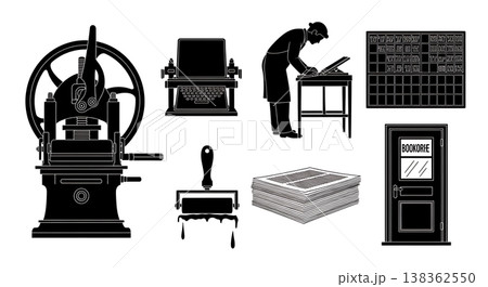 Black Solid Historical Print Shop Silhouettes Set of Six on White Background Black Solid Historical Print Shop Silhouettes Set of Six on White Background 138362550