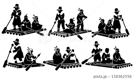 Black Solid Historical Raft Silhouettes Set of Six on White Background 138362556