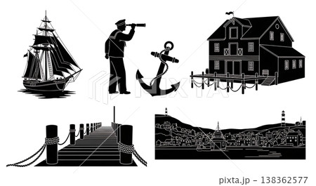 Black Solid Historical Sailing Harbor Silhouettes Set of Six on White Background Black Solid Historical Sailing Harbor Silhouettes Set of Six on White Background 138362577
