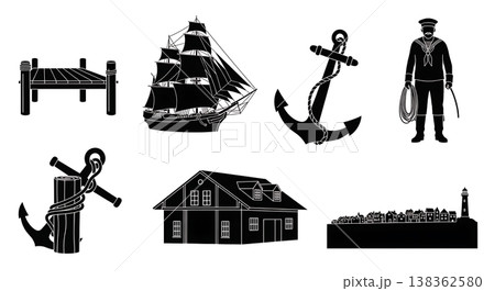 Black Solid Historical Sailing Quay Silhouettes Set of Six on White Background Black Solid Historical Sailing Quay Silhouettes Set of Six on White Background 138362580