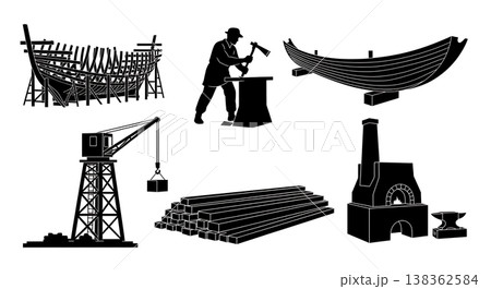 Black Solid Historical Shipyard Silhouettes Set of Six on White Background 138362584