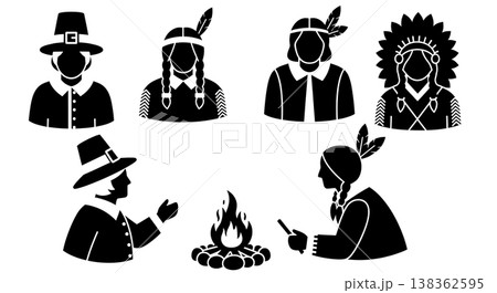 Black Solid Historical Small Campfire Set of Six on White Background Black Solid Historical Small Campfire Set of Six on White Background 138362595