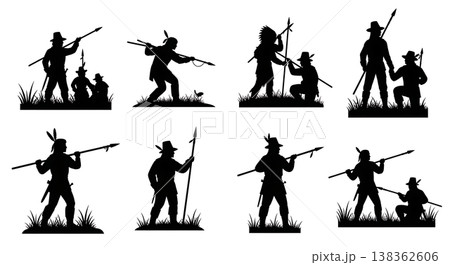 Black Solid Historical Spear Hunting Set of Six on White Background 138362606