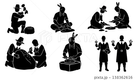 Black Solid Historical Stone Tool Set of Six on White Background Black Solid Historical Stone Tool Set of Six on White Background 138362616