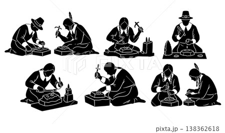 Black Solid Historical Stone Tool Set of Six on White Background Black Solid Historical Stone Tool Set of Six on White Background 138362618