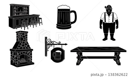Black Solid Historical Tavern Inn Silhouettes Set of Six on White Background Black Solid Historical Tavern Inn Silhouettes Set of Six on White Background 138362622