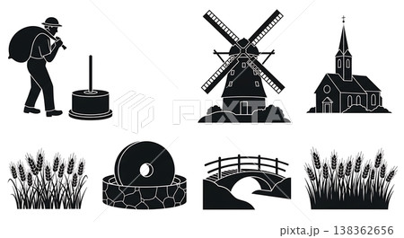 Black Solid Historical Windmill Silhouettes Set of Six on White Background Black Solid Historical Windmill Silhouettes Set of Six on White Background 138362656