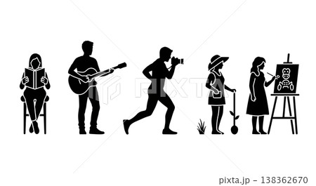 Black Solid Hobby Enthusiasts Silhouettes Set of Six on White Background Black Solid Hobby Enthusiasts Silhouettes Set of Six on White Background 138362670