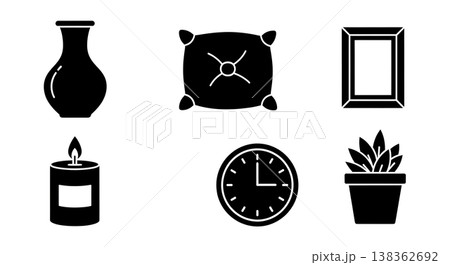 Black Solid Home Decor Items Silhouettes Set of Six on White Background Black Solid Home Decor Items Silhouettes Set of Six on White Background 138362692