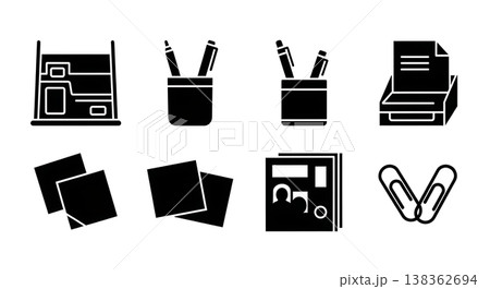 Black Solid Home Office Organization Supplies Silhouettes Set of Six on White Background Black Solid Home Office Organization Supplies Silhouettes Set of Six on White Background 138362694