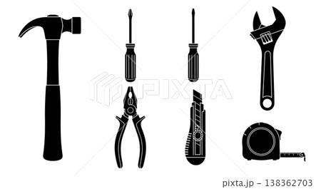 Black Solid Home Repair Tools Silhouettes Set of Six on White Background Black Solid Home Repair Tools Silhouettes Set of Six on White Background 138362703